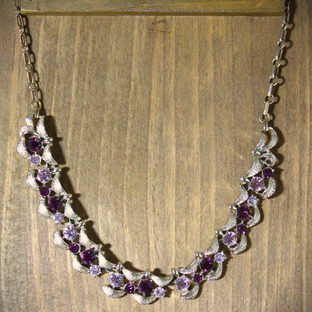 Vintage Signed CORO Silver Tone 17" Pink and Purple Rhinestones Necklace